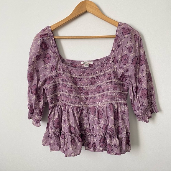 American Eagle Purple Boho Floral Peplum Smocked Blouse Women's Junior Large - Picture 2 of 4